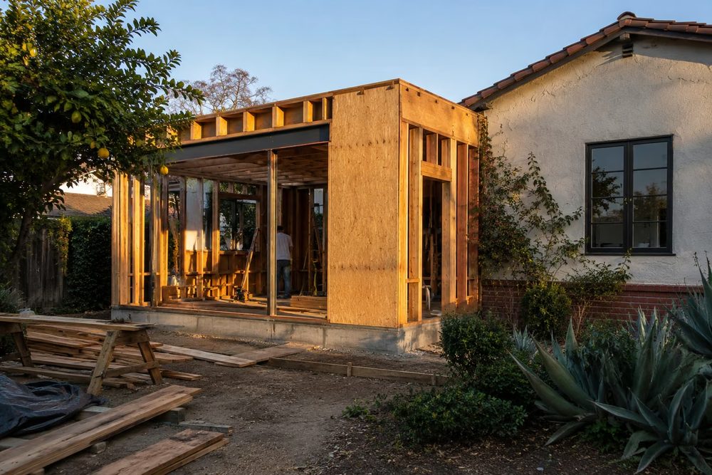 Custom room addition under construction on a Los Angeles home