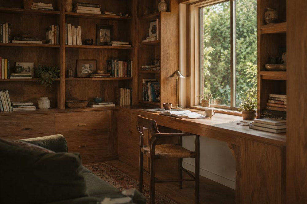 Home office addition with built-in shelving