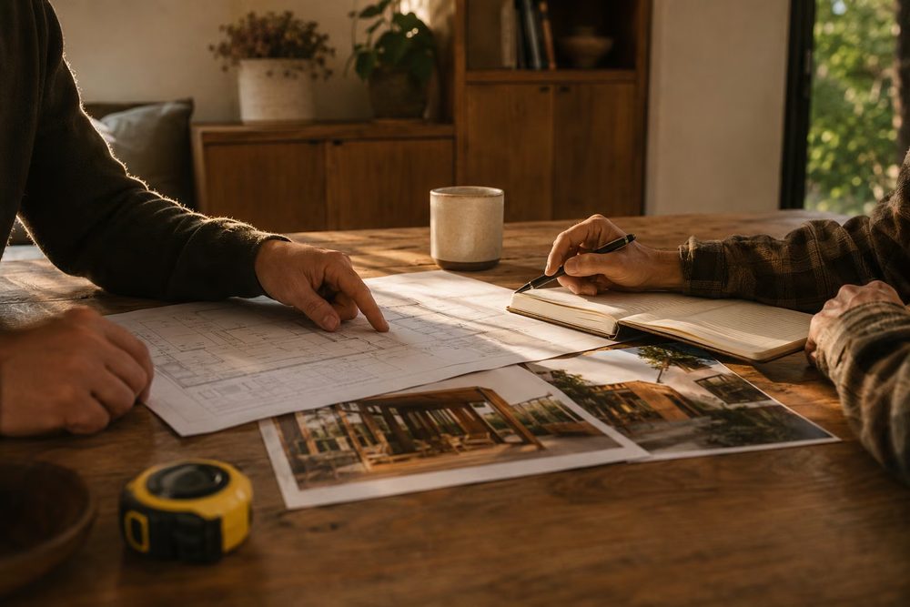 Contractor and homeowner reviewing plans at a kitchen table